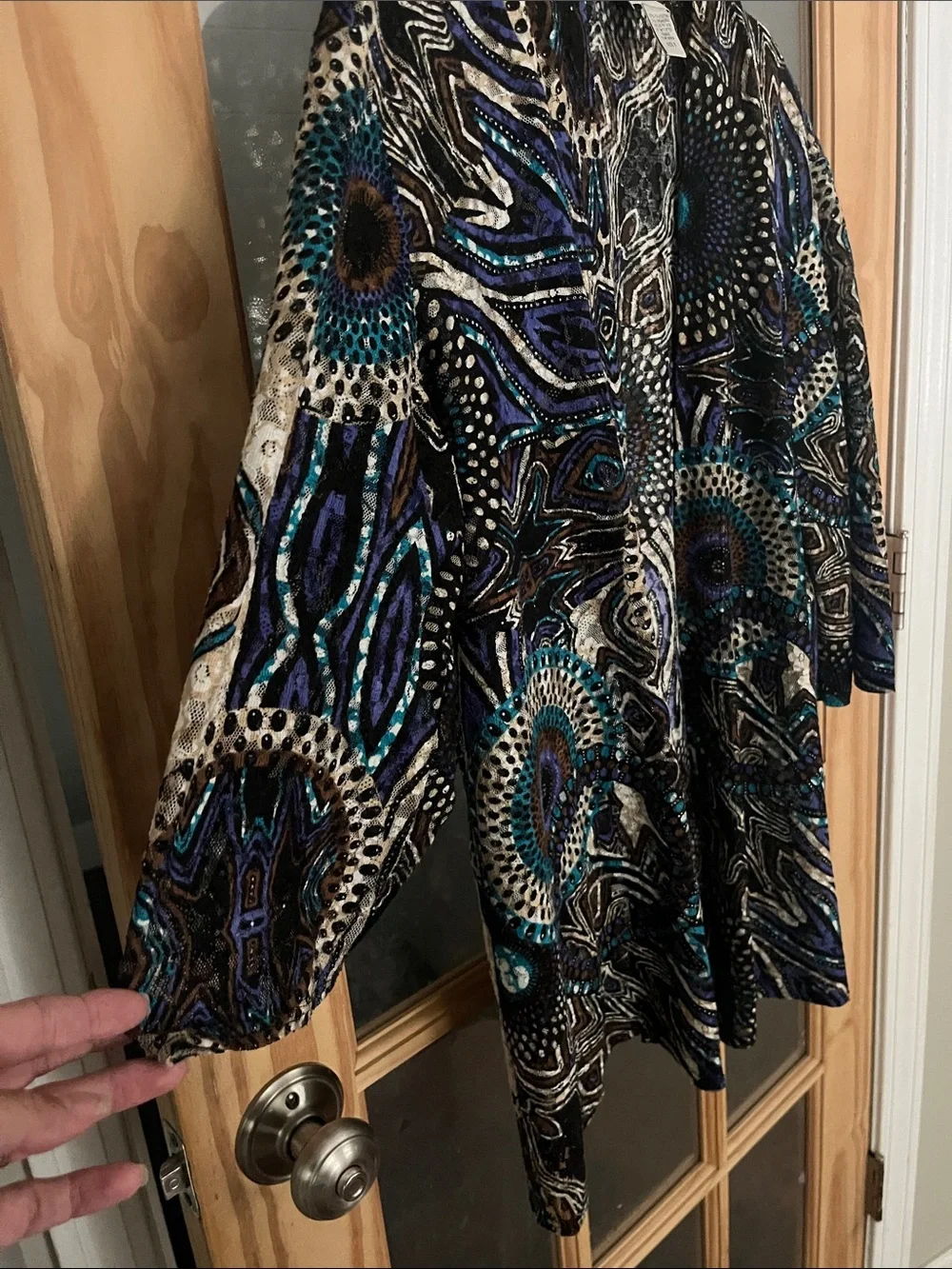 Chico's lace cardigan 3/4 sleeve teal, tan, blue brown abstract print